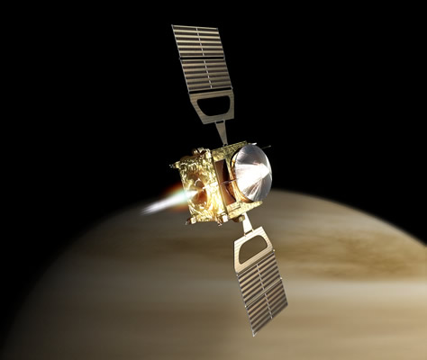 Representación artística de la inserción de la sonda Venus Express en órbita alrededor del planeta. En esa fase de la misión, la más compleja desde el lanzamiento, la sonda deberá encender su motor principal por alrededor de 53 minutos para reducir su velocidad respecto a Venus y permitir que la gravedad del planeta la capture. Créditos: ESA / AOES Medialab.