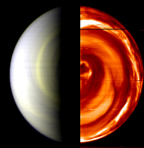 Este mosaico en falso color fue creado a partir de las observaciones realizadas el 12 de abril de 2006 por el instrumento VIRTIS (Espectrómetro de Imágenes Térmicas Visibles e Infrarrojas, por sus siglas en inglés) de la Venus Express, y es una de las primeras vistas del hemisferio sur de Venus. El vórtice oscuro que se puede apreciar casi directamente encima del polo sur del planeta es una estructura cuya existencia se sospechaba, pero no había podido ser confirmada hasta ahora, y se corresponde con una estructura de nubes similar sobre el polo norte de Venus. Créditos: ESA/INAF-IASF, Roma, Italia / Observatorio de París, Francia.