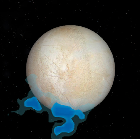 El gráfico muestra la ubicación de la nube de vapor de agua detectada sobre el polo sur de Europa por el Telescopio Espacial Hubble. La imagen de Europa fue creada a partir de un mapa global de su superficie generado mediante la combinación de observaciones de las sondas Voyager y Galileo. Créditos: NASA/ESA/L. Roth/SwRI/Universidad de Colonia, Alemania