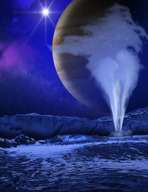 Representación artística de una erupción de vapor de agua surgiendo desde la superficie congelada de Europa, luna de Júpiter, a unos 800 millones de kilómetros del Sol. Créditos: NASA/ESA/K. Retherford/SWRI.