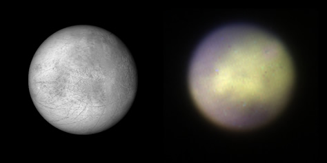 Imágenes comparativas de Europa, el satélite de Júpiter. A la izquierda, un mapa de sus características superficiales de albedo, generado a partir de las observaciones realizadas in situ por las sondas Galileo, Voyager 1 y Voyager 2. A la derecha, una imagen obtenida por el Gemini Planet Imager en tres longitudes de onda cercanas al infrarrojo. Si bien el instrumento no está diseñado específicamente para obtener imágenes de objetos "extendidos" como éste, sus observaciones podrían permitir el seguimiento de alteraciones en la superficie de los satélites de Júpiter o fenómenos atmosféricos en Titán, la luna de Saturno. Créditos: Observatorio Gemini/M. Perrin/STScI/F. Marchis/SETI Institute.