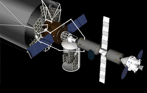 El supertelescopio espacial ATLAST (Advanced Technology Large Aperture Telescope, o Telescopio de Tecnología Avanzada y Gran Apertura) es una misión que la NASA está analizando para su posible lanzamiento a partir del año 2030. La imagen muestra uno de los conceptos en estudio, con un espejo segmentado de 14 a 20 metros de diámetro, y una nave tripulada Orion y un hábitat de espacio profundo acoplados al telescopio. Por su tamaño, ATLAST debería ser ensamblado por astronautas en el espacio. Créditos: NASA.