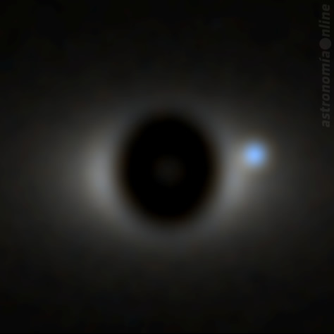 Imagen simulada de un planeta similar a la Tierra observado a una distancia de 30 años luz por un telescopio de 4 metros de diámetro usando un starshade. El anillo blanco representa la luz dispersa por las nubes de polvo zodiacal de nuestro sistema solar, reflejando la luz del Sol a un ángulo de 30°. El disco negro central es la sombra profunda creada por el starshade. En estos casos, la orientación de la luz zodiacal permite determinar la inclinación del sistema, facilitando la determinación de sus órbitas. El planeta similar a la Tierra es el objeto circular a la derecha de la estrella con un tono azulado. Créditos: Webster Cash.