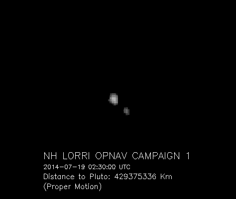 Animación de doce imágenes de Plutón y su luna más grande, Caronte, obtenidas por la cámara LORRI de la sonda New Horizons entre el 19 y el 24 de julio de 2014, a una distancia de entre 429 y 422 millones de kilómetros. Créditos: NASA / Johns Hopkins University Applied Physics Laboratory / Southwest Research Institute.