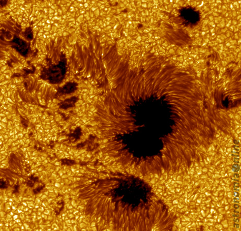 Esta imagen del Telescopio Solar Sueco (SST) ubicado en las Islas Canarias, España, muestra la vista más detallada de un grupo de manchas solares obtenida hasta el momento. Se trata de la región activa 10030, que el 15 de julio de 2002 mostraba núcleos penumbrales notablemente oscuros. Créditos: Göran Scharmer, Mats Löfdahl (ISP) / SST.