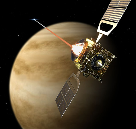Representación artística de la sonda Venus Express observando la ocultación de una estrella por el limbo atmosférico de Venus. Mediante esta técnica, el instrumento SPICAV (Espectroscopio para la Investigación de Características de la Atmósfera de Venus, por sus siglas en inglés) detectó la presencia de gas ozono en la atmósfera venusiana, que absorbió parte de la luz ultravioleta procedente de las estrellas observadas. Créditos: ESA / AOES Medialab.