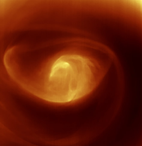 Esta imagen infrarroja del instrumento VIRTIS en la sonda Venus Express muestra un vórtice de vientos y nubes arremolinándose sobre el polo sur de Venus. Este fenómeno se produce cuando el aire caliente de las latitudes ecuatoriales circula en espiral hacia los polos, arrastrado por los fuertes vientos. A medida que ese aire converge sobre los polos, su temperatura empieza a bajar y eso lo hace descender hacia la superficie, creando una depresión en la capa de nubes por encima de los polos. En 1979, la sonda Pioneer Venus de la NASA observó por primera vez este fenómeno en el polo norte de Venus. Sin embargo, el polo sur no pudo ser observado en detalle hasta la llegada de la Venus Express al planeta en 2006. Créditos: ESA / VIRTIS / INAF-IASF / Observatorio de París-LESIA / Universidad de Oxford.