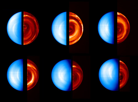 Esta secuencia de imágenes del hemisferio sur de Venus fue obtenida por el espectrómetro VIRTIS a bordo de la Venus Express entre el 12 y el 19 de abril de 2006, durante su primera órbita de captura en torno al planeta. Cada imagen individual de Venus está compuesta por una captura de su lado diurno (a la izquierda, en color azul, con una longitud de onda visible de 380 nanómetros) y otra de su lado nocturno (a la derecha, en colores rojizos, con una longitud de onda infrarroja de 1,7 micrones). El hemisferio diurno muestra la radiación solar reflejada por la atmósfera, mientras que el hemisferio nocturno muestra complejas estructuras de nubes, reveladas por la radiación térmica proveniente de distintas profundidades atmosféricas. Créditos: ESA / VIRTIS / INAF-IASF / Observatorio de París-LESIA.