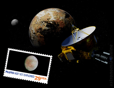 En 1991, el Servicio Postal de los Estados Unidos (USPS, por sus siglas en inglés) lanzó una serie conmemorativa de estampillas dedicada a los (por entonces) nueve planetas del sistema solar. Plutón era el único que hasta entonces no había sido visitado por una sonda espacial, por lo que en su estampilla la leyenda indica "Todavía no explorado". Unos largos 24 años después, la sonda New Horizons hará que esa leyenda finalmente quede obsoleta al sobrevolar Plutón el 14 de julio de 2015. Créditos: Johns Hopkins University Applied Physics Laboratory / Southwest Research Institute.