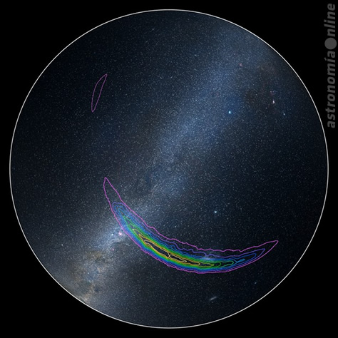Este mapa del hemisferio sur celeste muestra la ubicación aproximada de la fuente de ondas gravitacionales detectadas el 14 de septiembre de 2015 por los detectores gemelos del experimento LIGO. Las líneas de colores indican diferentes probabilidades para el origen de la señal: la línea púrpura define la región desde donde se supone que vino la señal con un 90% de certeza; la línea amarilla indica un 10%. Créditos de la imagen: LIGO / Caltech / MIT.
