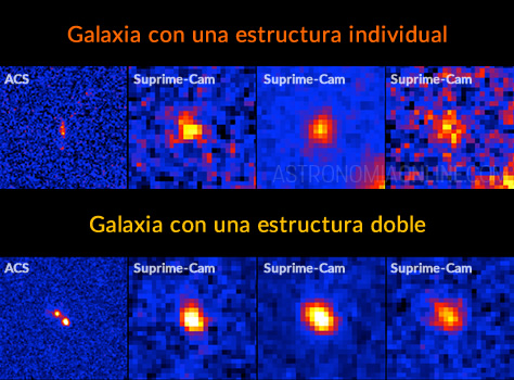 En la fila de arriba se aprecian imágenes en distintas longitudes de onda de una galaxia con una estructura individual. La primera imagen desde la izquierda corresponde a la cámara ACS del Telescopio Espacial Hubble, y las otras tres al instrumento Suprime-Cam del Telescopio Subaru operando en diferentes longitudes de onda. La segunda imagen desde la izquierda, obtenida en la longitud de onda del hidrógeno neutro, muestra la distribución espacial del gas ionizado por la radiación ultravioleta de numerosas estrellas masivas. Las dos imágenes de la derecha registran directamente la radiación ultravioleta de esas propias estrellas masivas. En la fila inferior, a modo de comparación, se muestran las imágenes de una galaxia con una estructura doble. El norte está arriba y el este hacia la izquierda. Cada lado de los mosaicos mide 10 centímetros, lo que equivale a unos 85.000 años luz a una distancia de 12.600 millones de años luz. Créditos de la imagen: Ehime University.